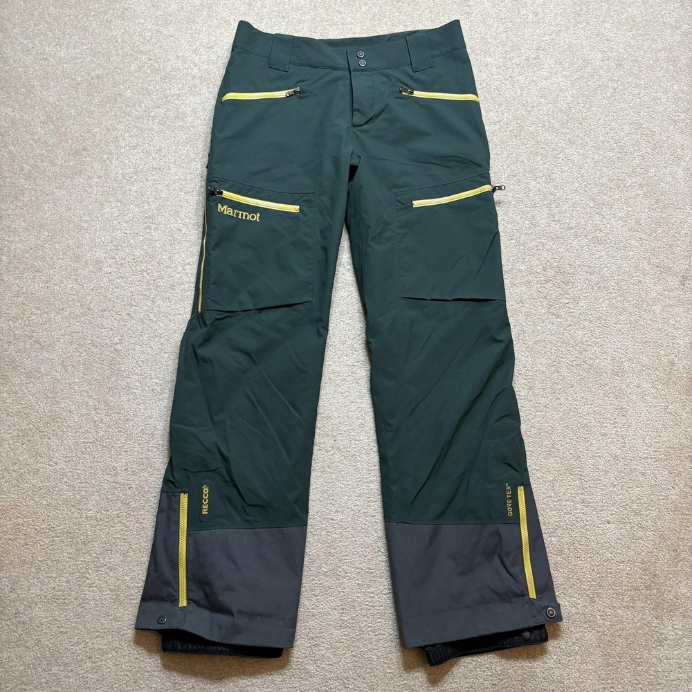 Marmot Snow Pants Mens Large Green GORE-TEX RECCO Zip Pockets Ski Waterproof